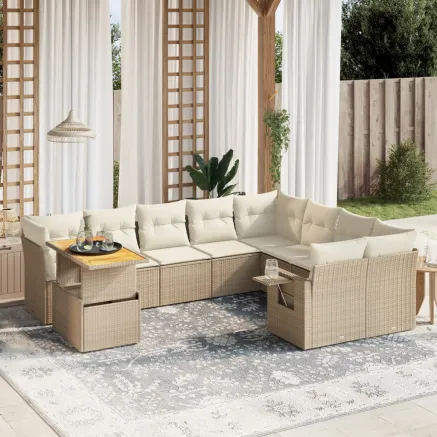 Salon de jardin avec coussins 10 pcs beige résine tressée