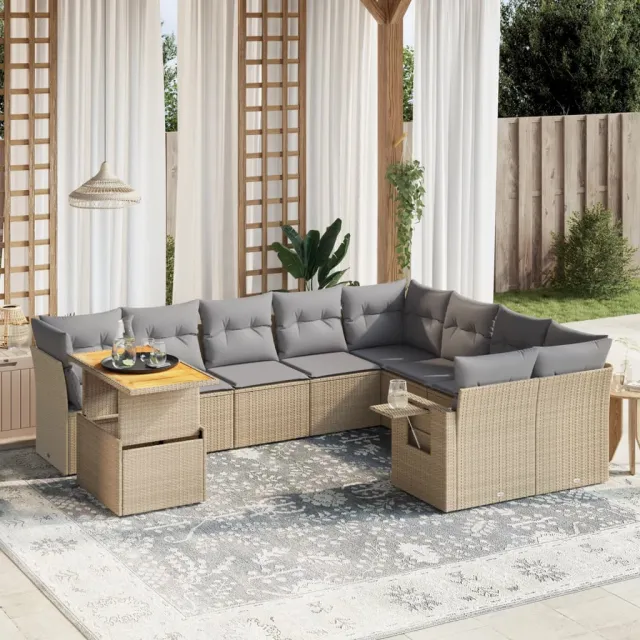 Salon de jardin avec coussins 10 pcs beige résine tressée