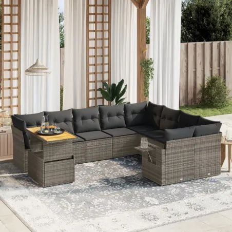 Salon de jardin avec coussins 10 pcs gris résine tressée