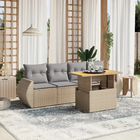 Salon de jardin avec coussins 5 pcs beige résine tressée