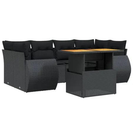 Salon de jardin 7 pcs avec coussins noir résine tressée