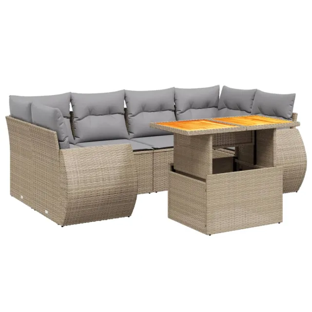 Salon de jardin avec coussins 7 pcs beige résine tressée