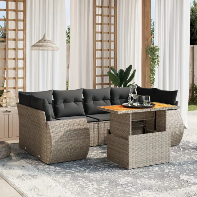 Salon de jardin avec coussins 7 pcs gris résine tressée