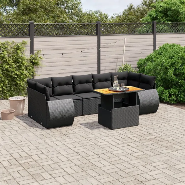 Salon de jardin 8 pcs avec coussins noir résine tressée