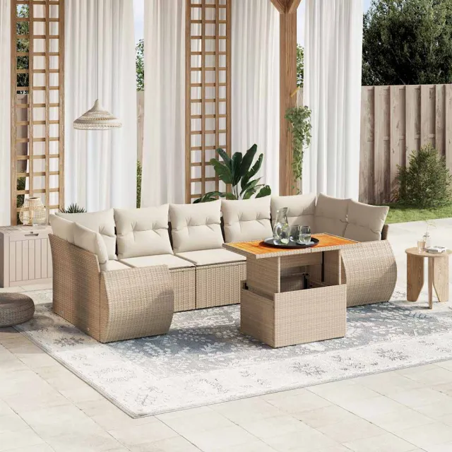 Salon de jardin avec coussins 8 pcs beige résine tressée