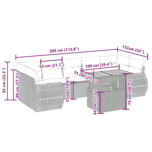 Salon de jardin avec coussins 8 pcs beige résine tressée
