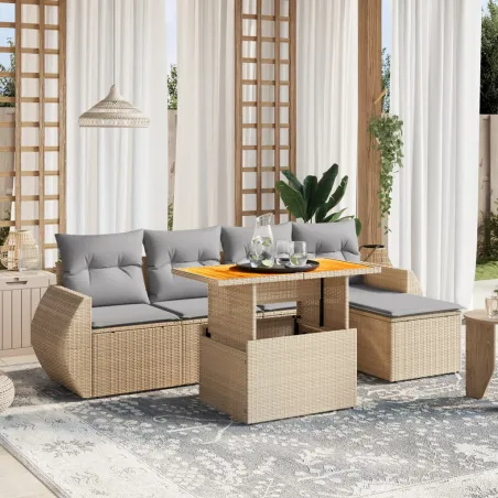 Salon de jardin avec coussins 6 pcs beige résine tressée