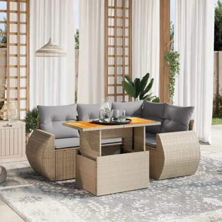 Salon de jardin avec coussins 5 pcs beige résine tressée