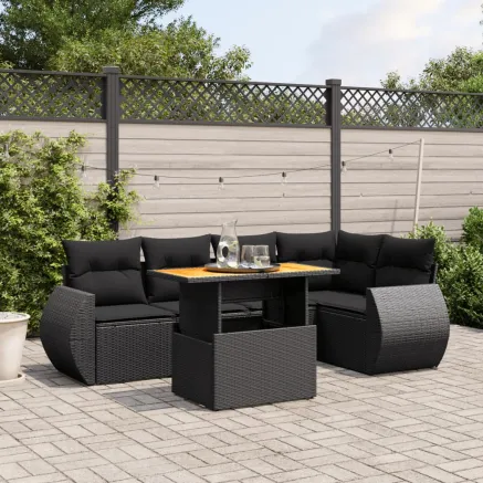 Salon de jardin 6 pcs avec coussins noir résine tressée