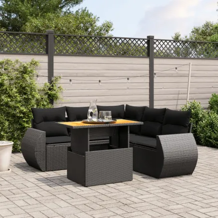 Salon de jardin 6 pcs avec coussins noir résine tressée
