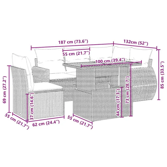 Salon de jardin avec coussins 6 pcs beige résine tressée