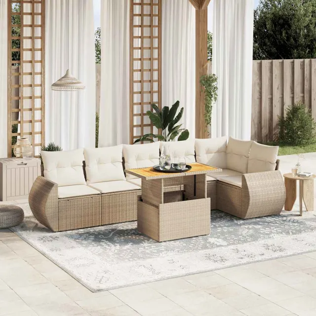 Salon de jardin avec coussins 7 pcs beige résine tressée