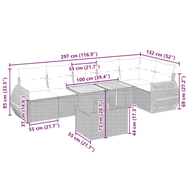 Salon de jardin avec coussins 7 pcs beige résine tressée