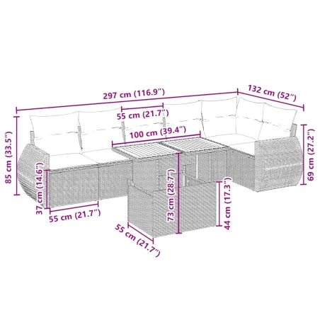 Salon de jardin avec coussins 7 pcs beige résine tressée
