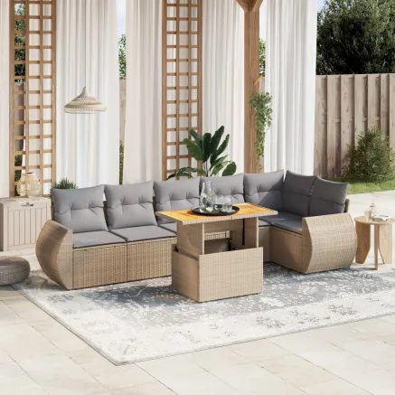 Salon de jardin avec coussins 7 pcs beige résine tressée