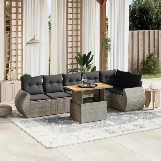 Salon de jardin avec coussins 7 pcs gris résine tressée