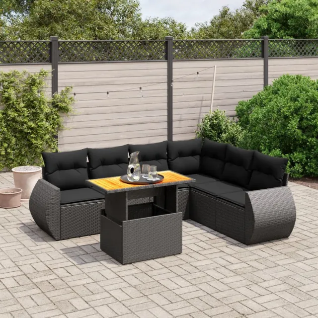 Salon de jardin 7 pcs avec coussins noir résine tressée