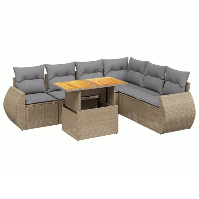 Salon de jardin avec coussins 7 pcs beige résine tressée