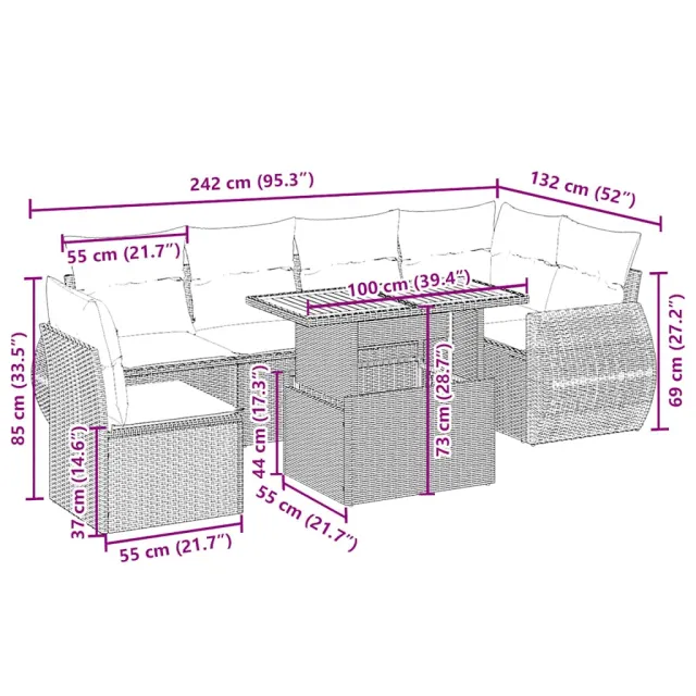 Salon de jardin avec coussins 7 pcs beige résine tressée