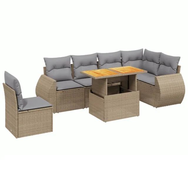 Salon de jardin avec coussins 7 pcs beige résine tressée