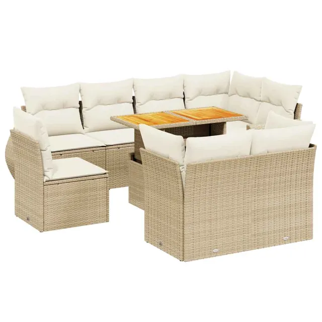 Salon de jardin avec coussins 9 pcs beige résine tressée