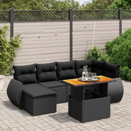 Salon de jardin 7 pcs avec coussins noir résine tressée