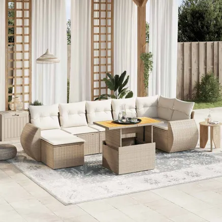 Salon de jardin avec coussins 8 pcs beige résine tressée