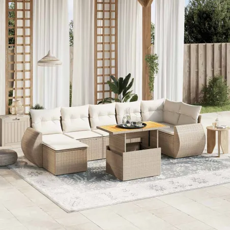 Salon de jardin avec coussins 8 pcs beige résine tressée