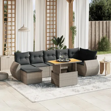 Salon de jardin 8 pcs avec coussins gris résine tressée