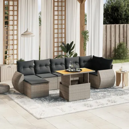 Salon de jardin 8 pcs avec coussins gris résine tressée