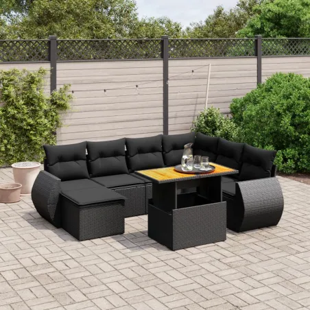 Salon de jardin 8 pcs avec coussins noir résine tressée