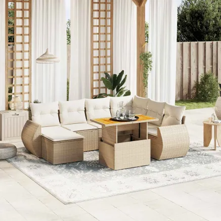 Salon de jardin avec coussins 8 pcs beige résine tressée