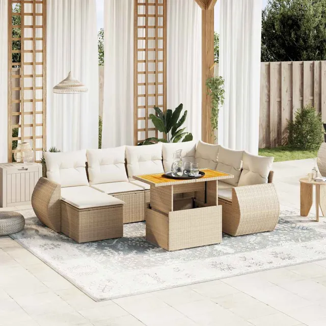 Salon de jardin avec coussins 8 pcs beige résine tressée
