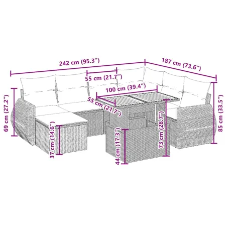 Salon de jardin avec coussins 8 pcs beige résine tressée
