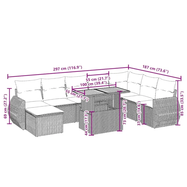 Salon de jardin avec coussins 9 pcs beige résine tressée