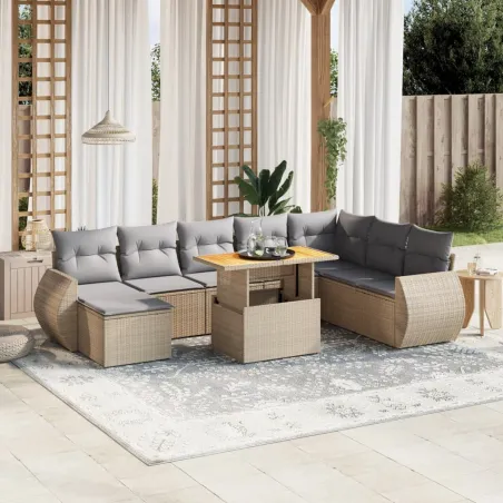 Salon de jardin avec coussins 9 pcs beige résine tressée