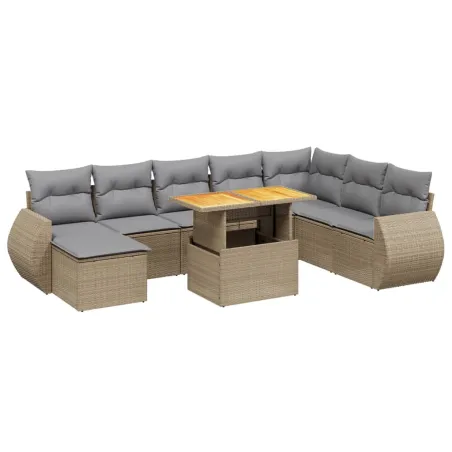 Salon de jardin avec coussins 9 pcs beige résine tressée