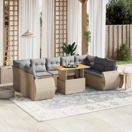 Salon de jardin avec coussins 10 pcs beige résine tressée