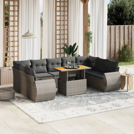 Salon de jardin avec coussins 10 pcs gris résine tressée