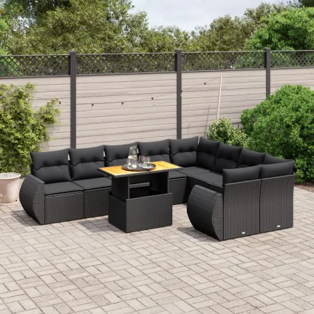 Salon de jardin 10 pcs avec coussins noir résine tressée