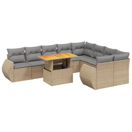 Salon de jardin avec coussins 10 pcs beige résine tressée