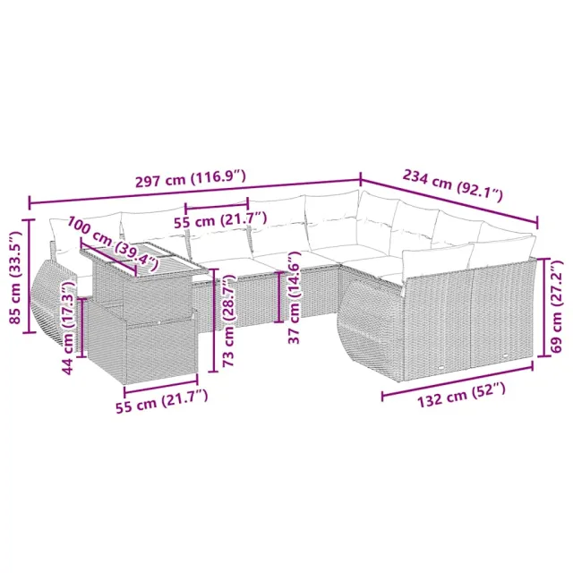 Salon de jardin avec coussins 10 pcs beige résine tressée