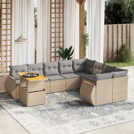 Salon de jardin avec coussins 10 pcs beige résine tressée