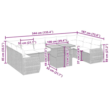 Salon de jardin 11 pcs avec coussins beige résine tressée
