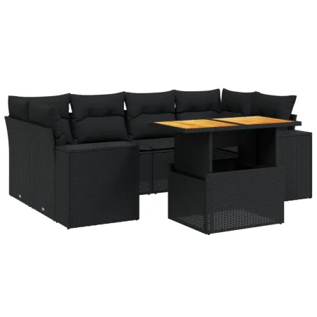 Salon de jardin 7 pcs avec coussins noir résine tressée