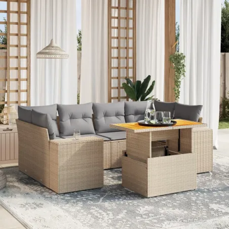 Salon de jardin avec coussins 7 pcs beige résine tressée