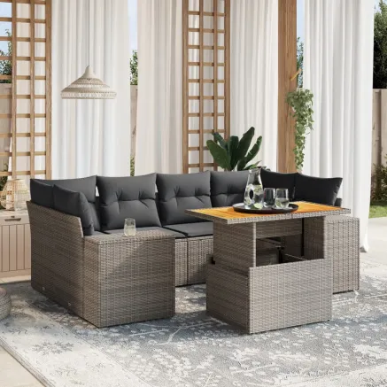 Salon de jardin avec coussins 7 pcs gris résine tressée