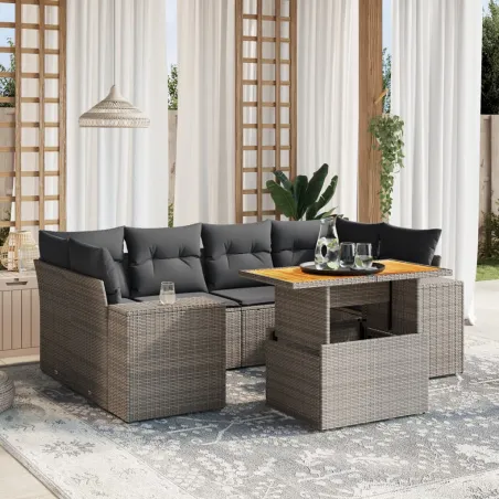 Salon de jardin avec coussins 7 pcs gris résine tressée