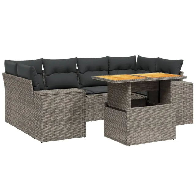 Salon de jardin avec coussins 7 pcs gris résine tressée