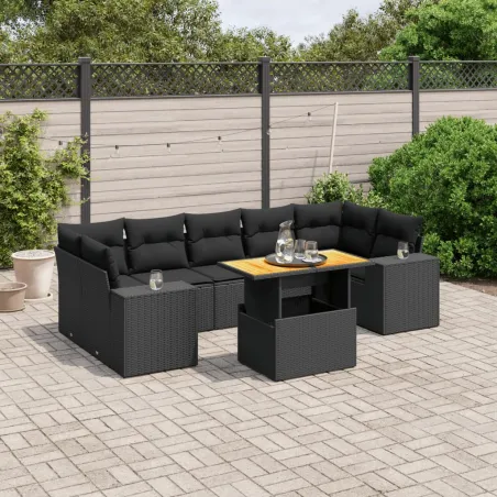 Salon de jardin 8 pcs avec coussins noir résine tressée